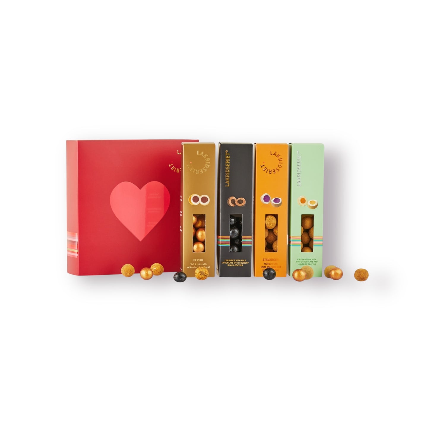 440g 4stk. Lakridseriet gaveæske, Berlin, Dubai, Rio & Stavanger i rød design æske