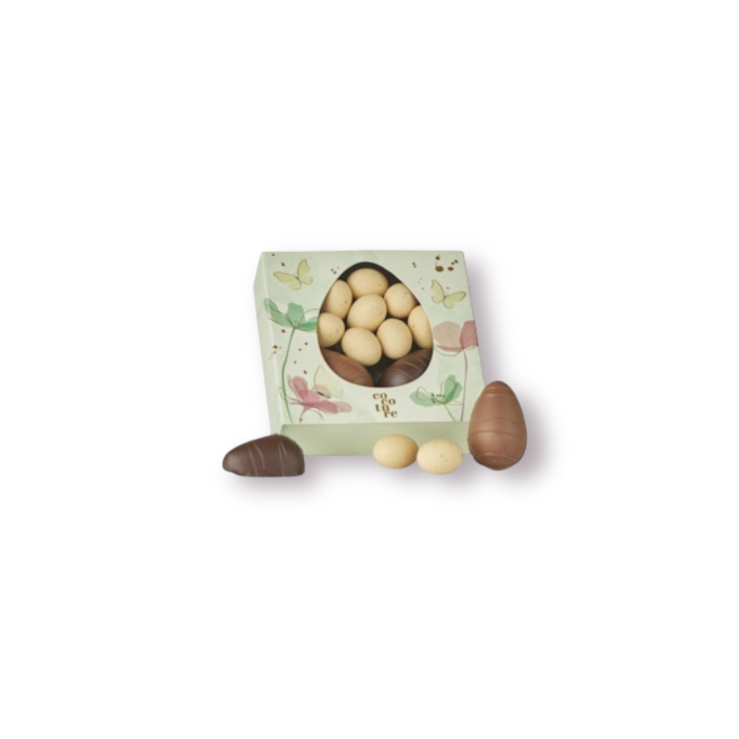 2stk. 36g marcipanæg (fløde & mørk) + brune dragéæg i grøn Cocoture æske